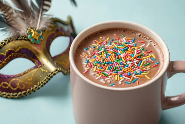 Een mok warme chocolademelk met gekleurd strooisel staat naast een rijkversierd carnavalsmasker met veren op een lichtblauwe ondergrond, met bruine en roze accenten.