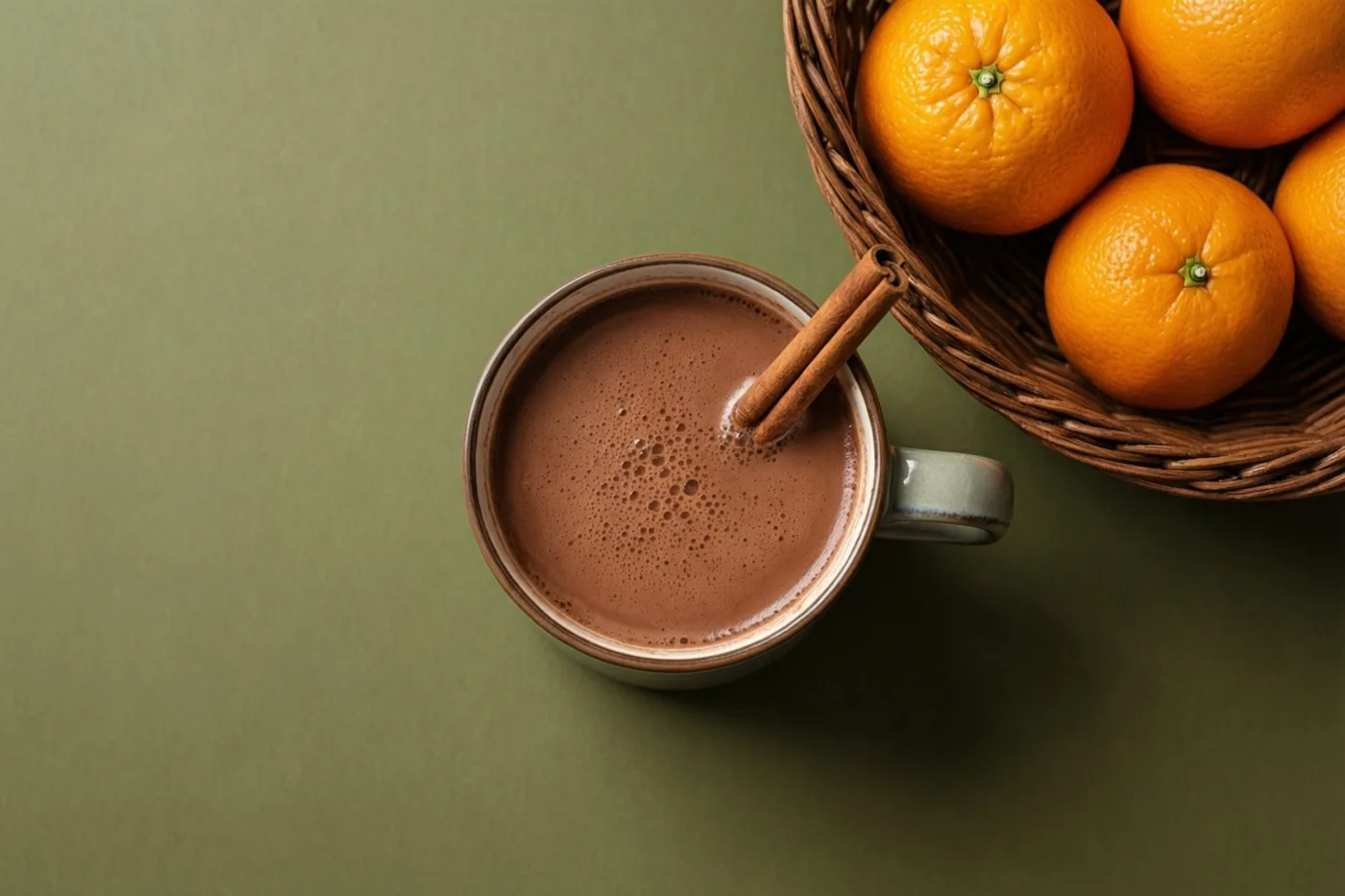 Van bovenaf is een keramieken mok chocolademelk met een kaneelstokje te zien naast een gevlochten mand sinaasappels op een olijfgroene ondergrond.
