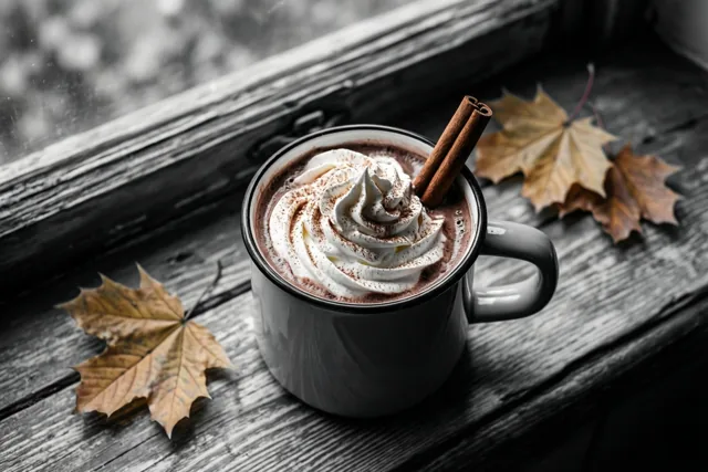 Een mok warme chocolademelk met slagroom en een kaneelstokje staat tussen gevallen herfstbladeren op een verweerde houten vensterbank, in gedempte tinten met selectieve kleuraccenten.