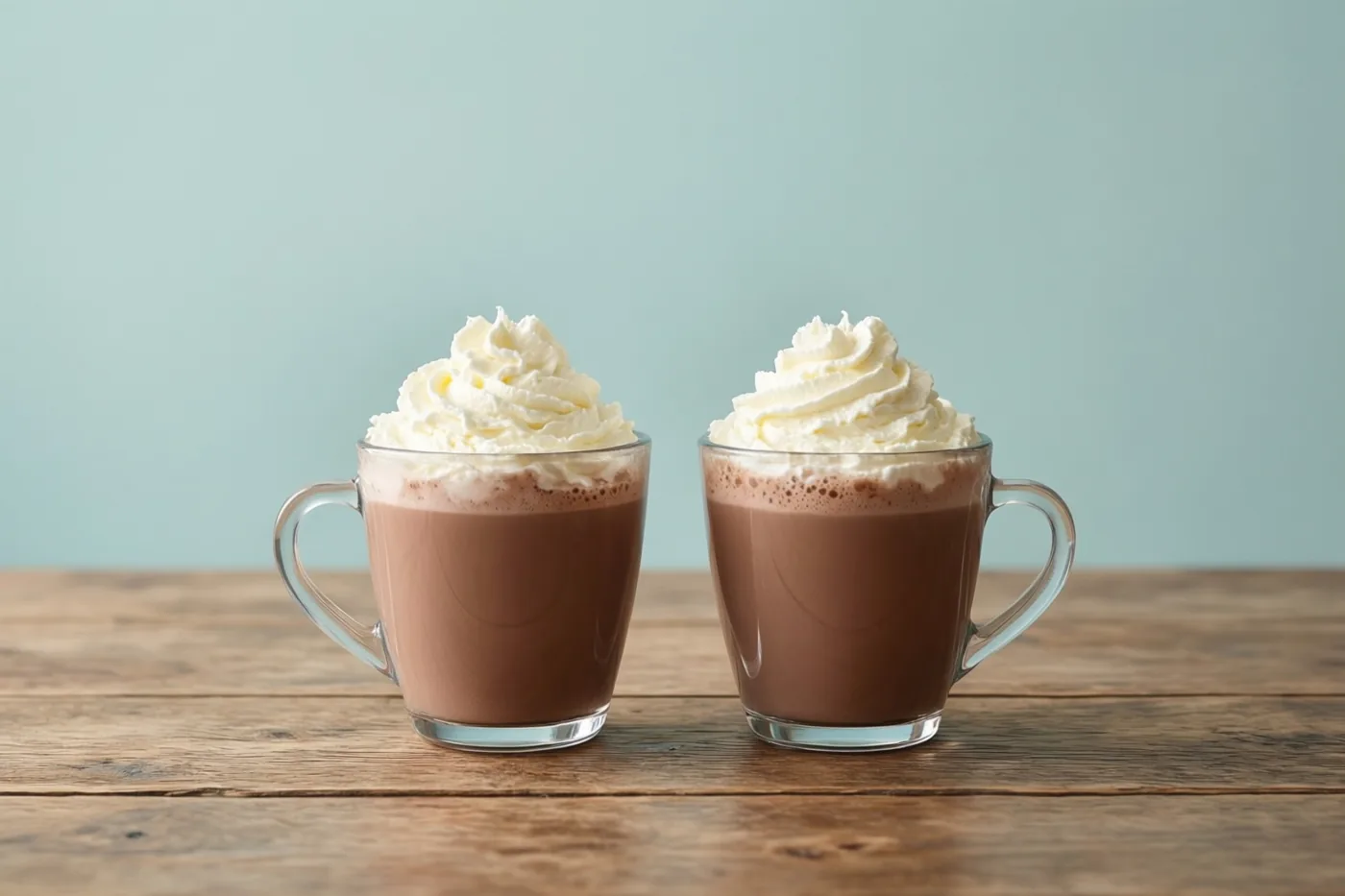 Twee gelijke glazen mokken warme chocolademelk met slagroom staan naast elkaar op een rustieke houten tafel voor een lichtblauwe muur.