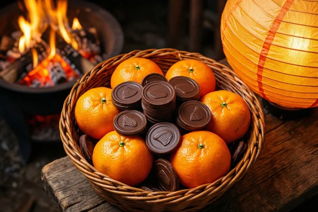 Een rieten mand gevuld met mandarijnen en chocolademunten staat op hout naast een gloeiend vuur en een oranje papieren lantaarn.