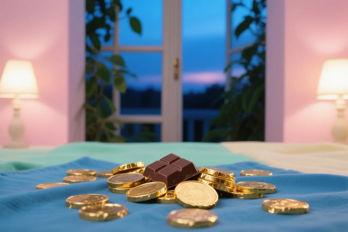Chocolademunten in goudfolie liggen verspreid op een blauwe doek in een roze kamer met lampen aan weerszijden en een raam met zicht op de schemering.
