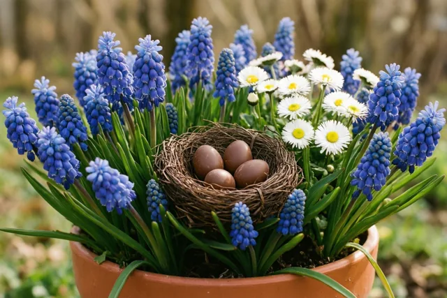 Een terracotta pot met blauwe druifjes en witte madeliefjes bevat een klein gevlochten nestje met vier chocolade-eieren en staat buiten in daglicht tegen een onscherpe achtergrond.