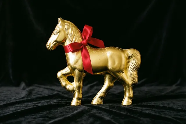 Een chocoladepaard in goudfolie staat op zwart fluweel met een rood lint om de hals, tegen een donkere achtergrond met textuur.