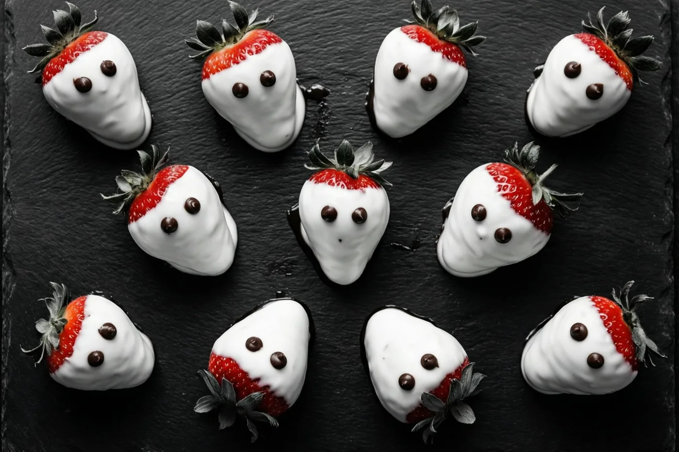 In witte chocolade gedoopte aardbeien met chocoladeoogjes liggen als spookjes op een zwarte leistenen ondergrond tegen een donkere achtergrond.