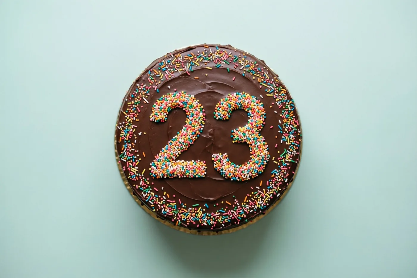 Van bovenaf is een ronde taart met glad chocoladeglazuur te zien, met 23 in gekleurde suikerstrooisels en extra strooisels langs de rand, tegen een lichtblauwe achtergrond.