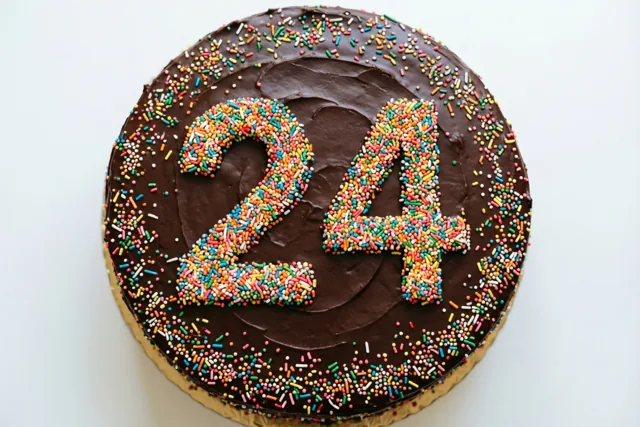 Een ronde chocoladetaart met 24 in gekleurde suikerstrooisels staat op een goudkleurige kartonnen onderlegger tegen een witte achtergrond, van bovenaf gezien.