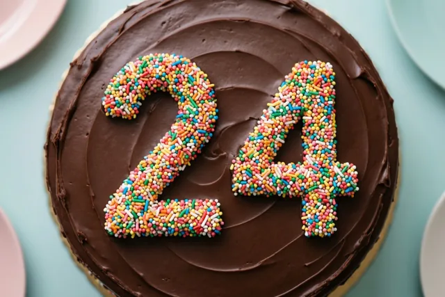 Van bovenaf is een ronde chocoladetaart met 24 in gekleurde suikerstrooisels te zien tegen een lichtblauwe achtergrond, met enkele borden gedeeltelijk in beeld.