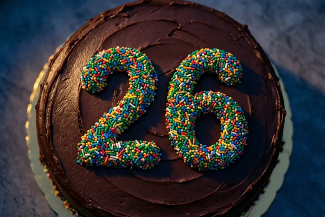 Een ronde chocoladetaart met 26 in gekleurde suikerstrooisels staat op een lichtgekleurd bord tegen een donkerblauwe achtergrond met textuur, van bovenaf gezien.