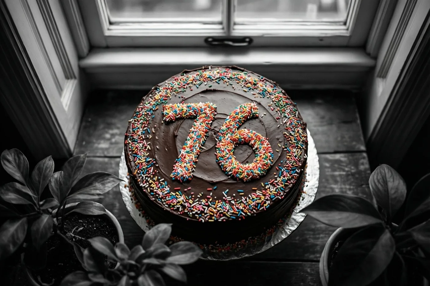 Een ronde chocoladetaart met 76 van gekleurde suikerstrooisels staat tussen potplanten op een vensterbank, in een verder zwart-witbeeld.