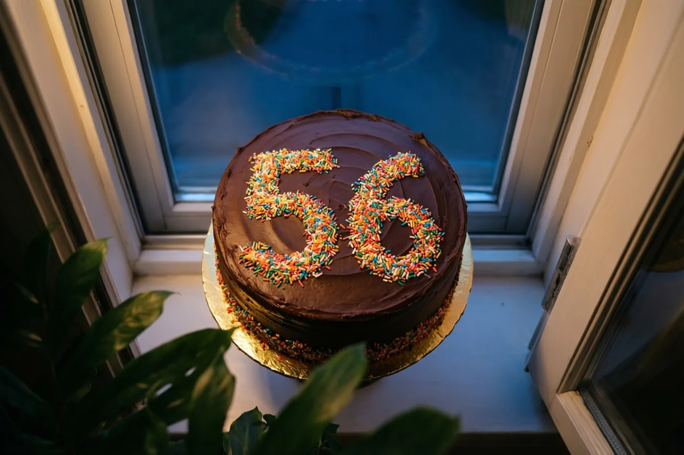 Een ronde chocoladetaart met 56 van kleurrijke suikerstrooisels staat op een vensterbank, met groene bladeren op de voorgrond en warm licht van opzij.