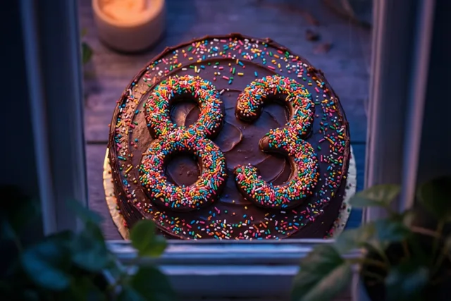 Van bovenaf is door een raamkozijn een ronde chocoladetaart met 83 van gekleurde suikerstrooisels te zien, met groen op de voorgrond en warm gedempt licht binnen.