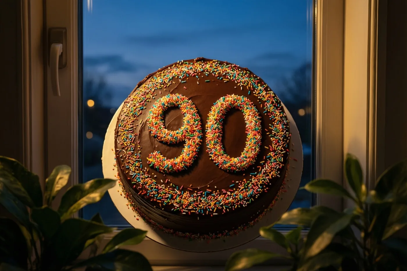Van bovenaf is een ronde chocoladetaart met 90 van gekleurde suikerstrooisels op een vensterbank te zien, met warm binnenlicht, groene planten en een blauwe schemerhemel buiten.