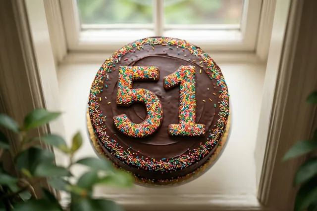 Een ronde chocoladetaart met 51 van gekleurde suikerstrooisels staat op een vensterbank in daglicht, met groene planten op de voorgrond en een onscherpe achtergrond.