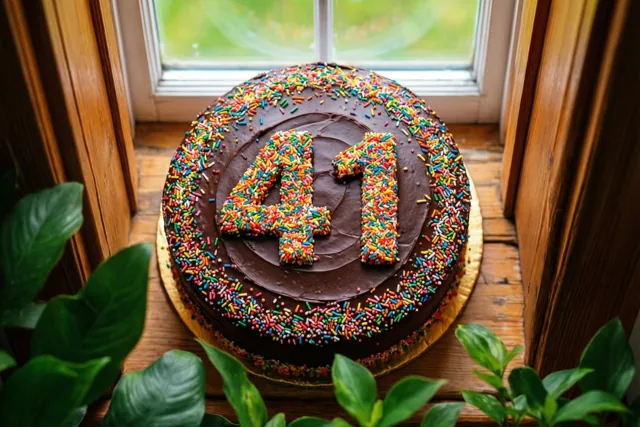 Een ronde chocoladetaart met 41 van kleurrijk suikerstrooisel staat op een houten vensterbank bij groene planten, in het warme daglicht van het raam erachter.