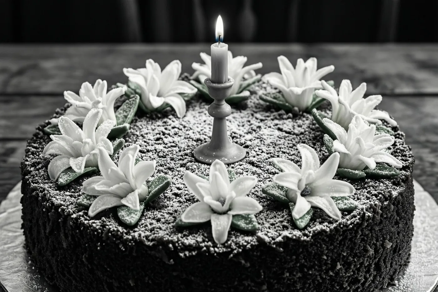 Een ronde chocoladetaart met witte suikerbloemen en één brandende kaars in een kleine houder staat op een zilveren taartonderlegger, weergegeven in zwart-wit.