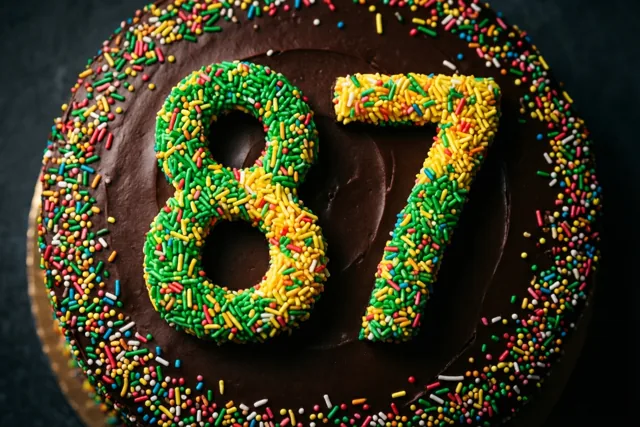 Van bovenaf is een ronde chocoladetaart te zien met 87 van gekleurde suikerstrooisels tegen een donkere achtergrond.