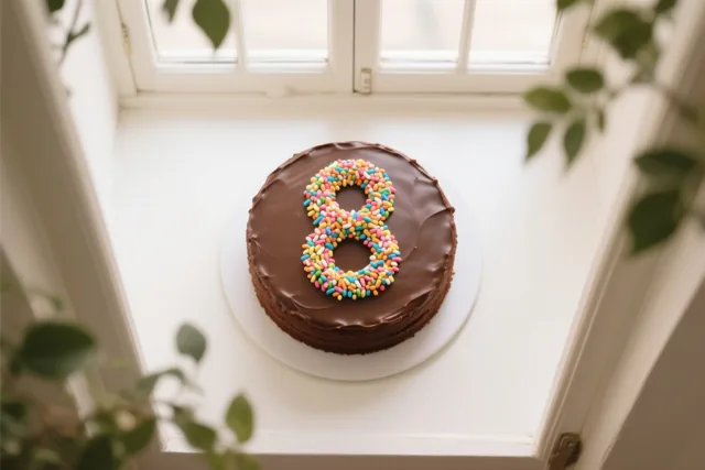 Een ronde chocoladetaart met een 8 van gekleurde suikerstrooisels staat op een witte vensterbank tussen groene bladeren, met daglicht vanuit het raam erachter.