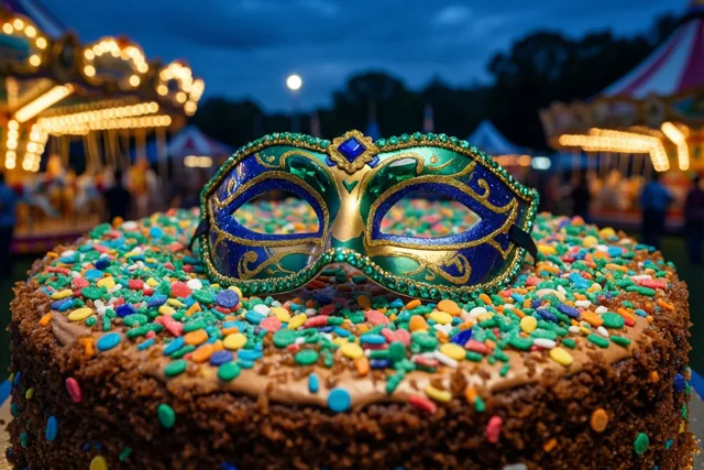 Een chocoladetaart met gekleurde suikerconfetti en een blauw-groen carnavalsmasker staat bij schemering voor onscherpe kermisattracties en lichtjes.