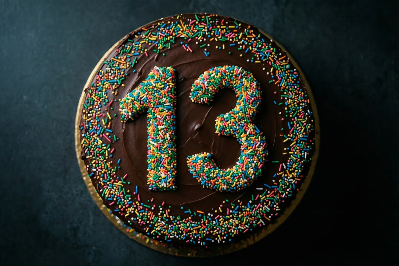Een ronde chocoladetaart met 13 van gekleurde suikerstrooisels is van bovenaf te zien tegen een donkere achtergrond.