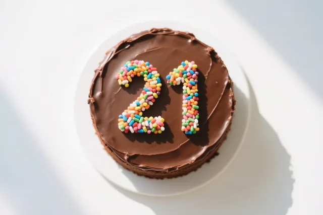 Een ronde chocoladetaart met het getal 21 van gekleurde suikerstrooisels is van bovenaf gefotografeerd tegen een helderwitte achtergrond.