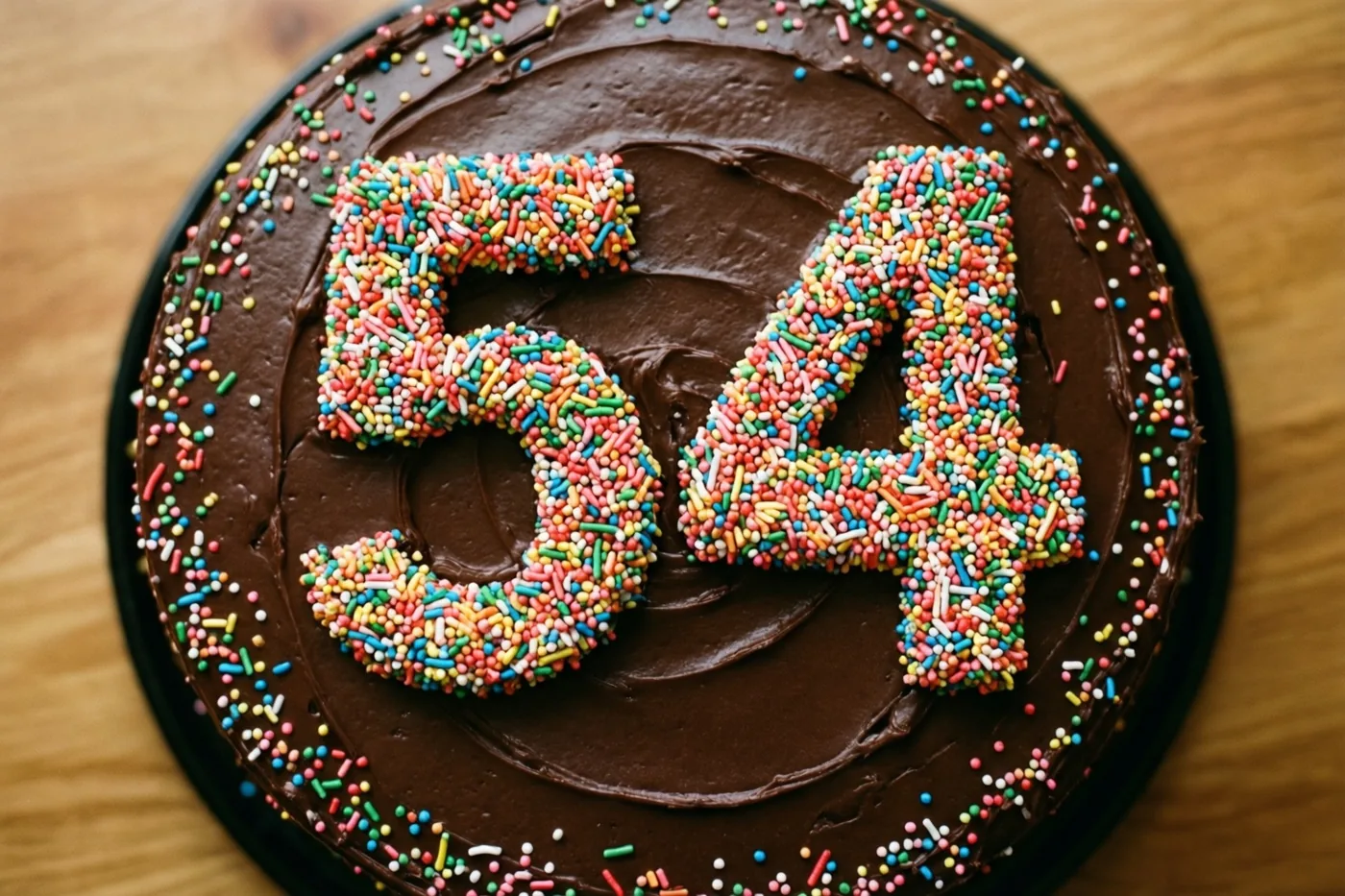 Een ronde chocoladetaart ligt op een houten oppervlak, van bovenaf gefotografeerd, met 54 en een versierde rand van kleurrijke suikerstrooisels.
