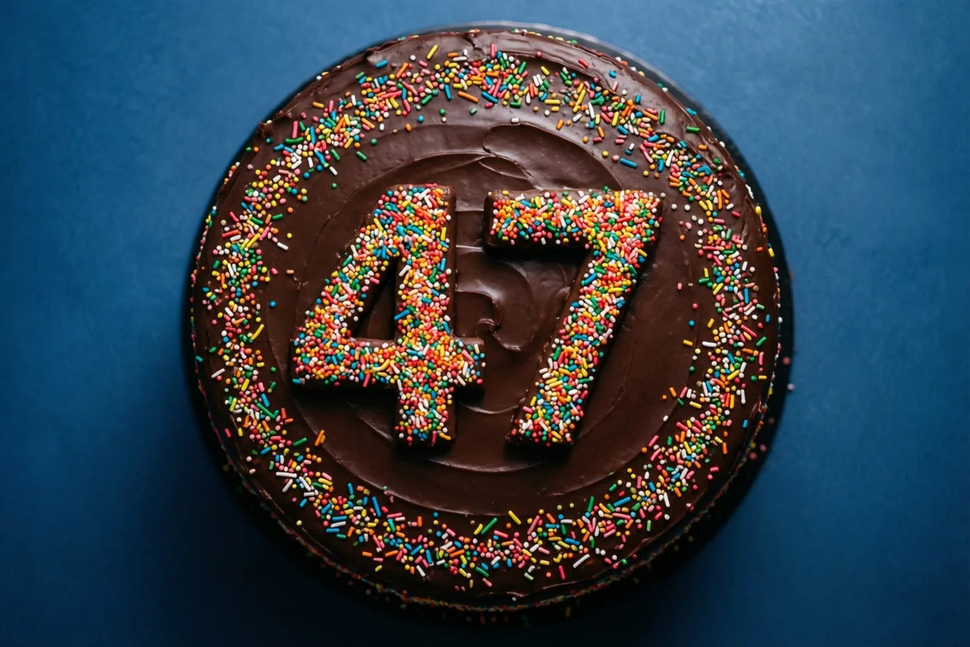 Van bovenaf is een ronde chocoladetaart met glad chocoladeglazuur te zien, met 47 en een rand van gekleurde suikerstrooisels tegen een effen blauwe achtergrond.
