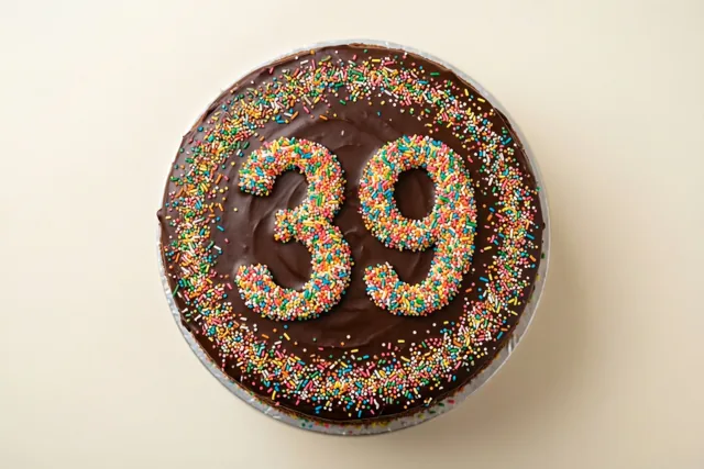 Een ronde chocoladetaart met 39 van kleurrijk suikerstrooisel staat op een zilveren taartonderlegger tegen een beige achtergrond, van boven gezien.