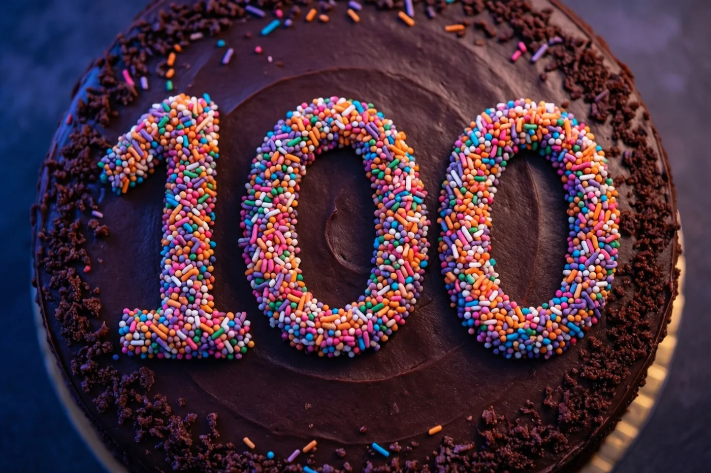 Een ronde chocoladetaart is van bovenaf te zien met 100 in gekleurde suikerstrooisels, donkerbruin glazuur en chocoladekruimels langs de rand.