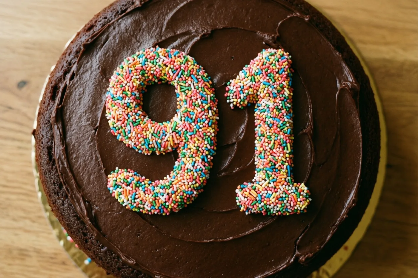 Een ronde chocoladetaart met glad glazuur en 91 in gekleurde suikerstrooisels staat op een houten ondergrond, van bovenaf gezien.