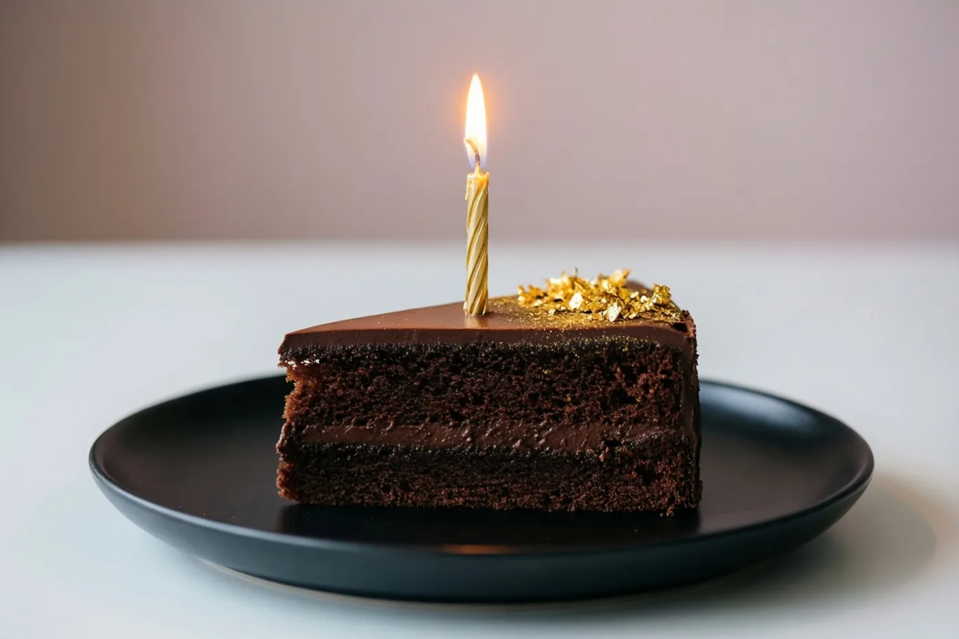 Een stuk chocoladetaart met goudvlokjes en één brandend kaarsje ligt op een zwart bord tegen een zachte neutrale achtergrond in warm licht.
