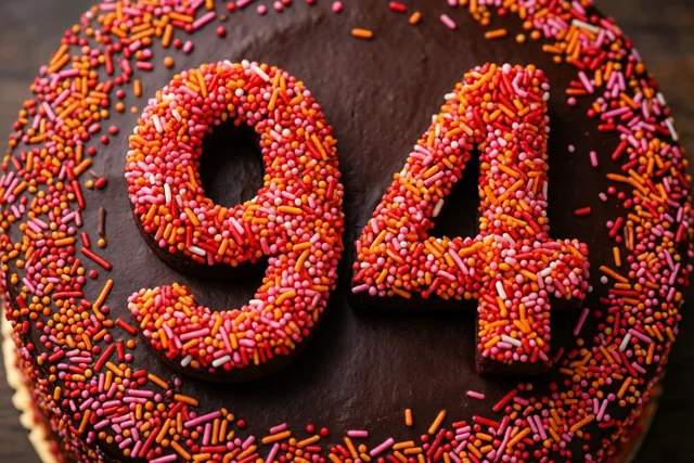 Een ronde taart met donker chocoladeglazuur is van bovenaf te zien met 94 van kleurrijke suikerstrooisels en verspreide rode, oranje, roze en witte strooisels.
