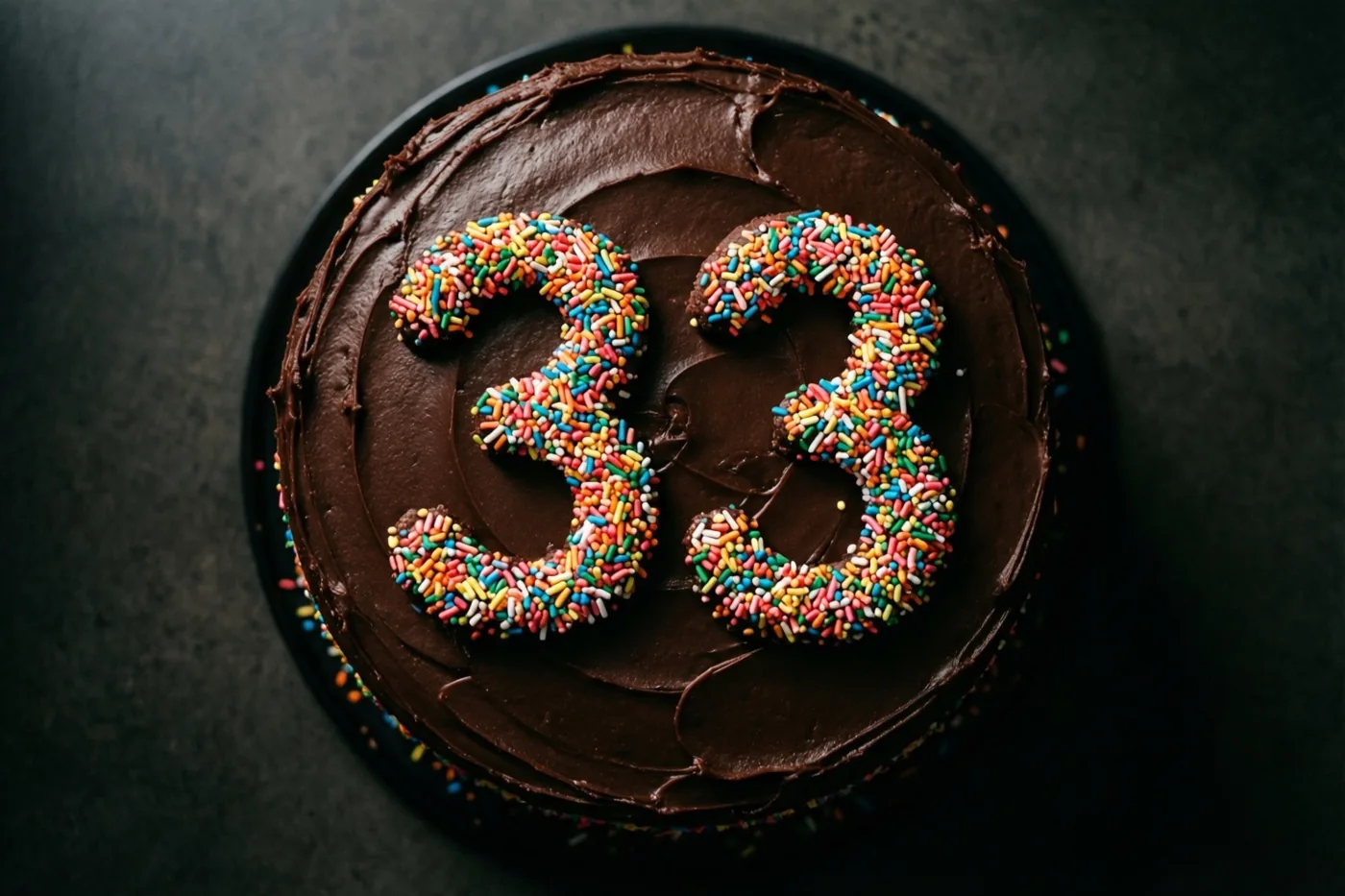 Een ronde taart met chocoladeglazuur en het getal 33 van gekleurde suikerstrooisels is van bovenaf gefotografeerd tegen een donkere achtergrond met structuur.
