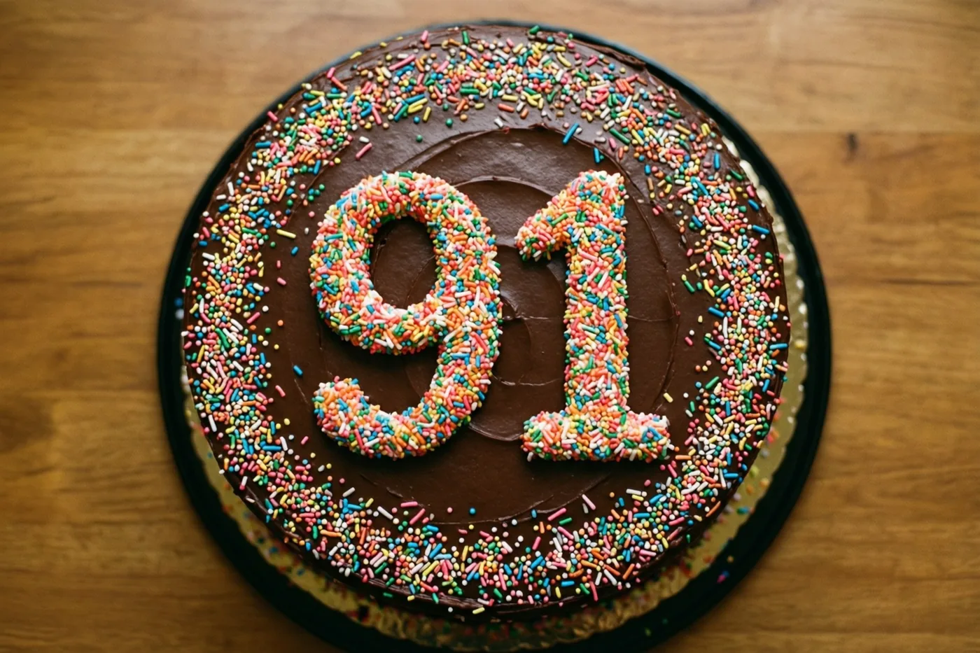Van bovenaf is een ronde chocoladetaart op hout te zien, met 91 en een rijk versierde rand van gekleurde suikerstrooisels.