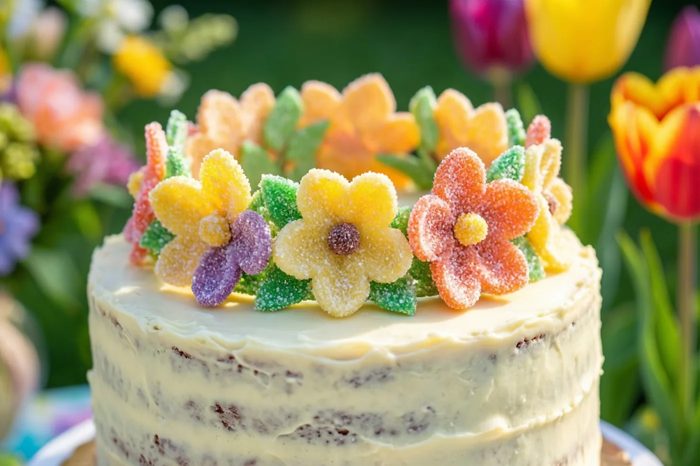 Een taart van witte chocolade met een kroon van kleurrijke suikerbloemen staat in een zonnige lentetuin met onscherpe tulpen op de achtergrond.