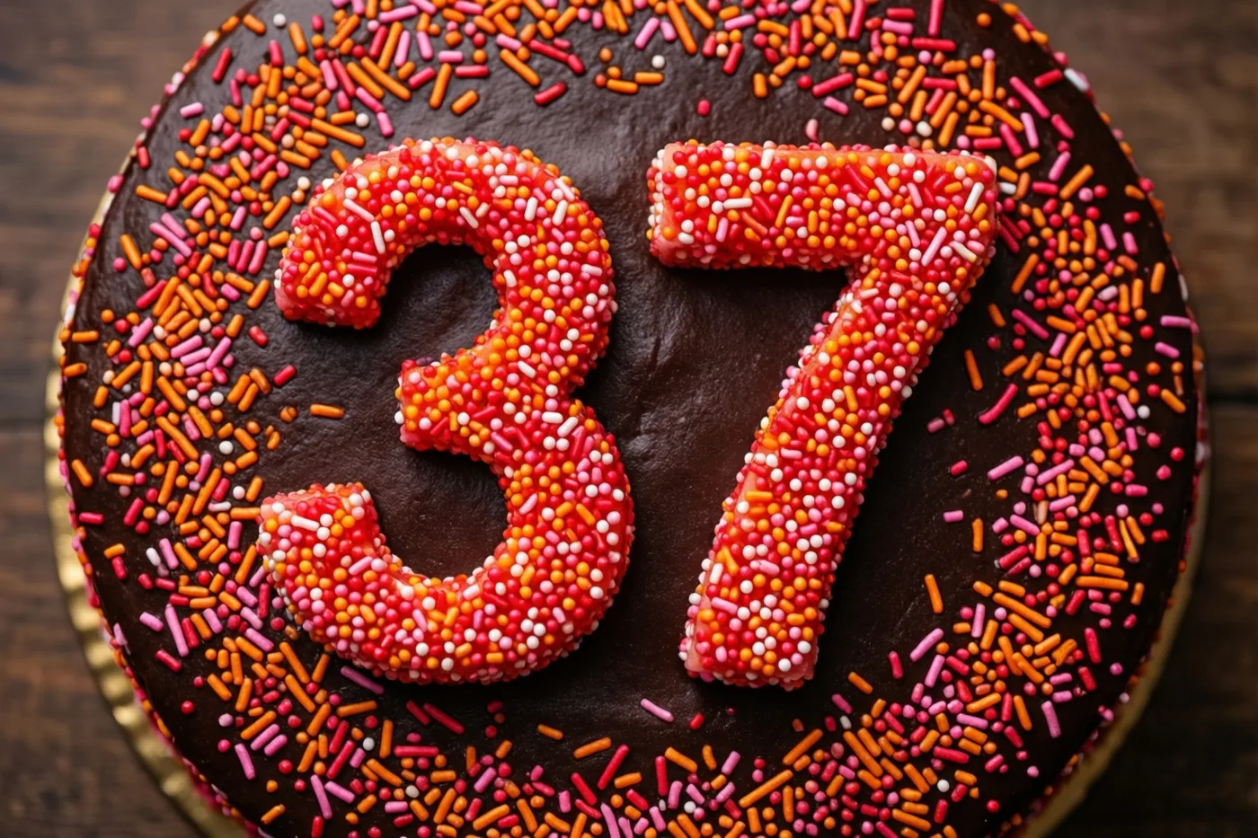 Van bovenaf zie je een ronde chocoladetaart met kleurrijke suikerstrooisels die bovenop 37 vormen, op een donkere houten ondergrond.