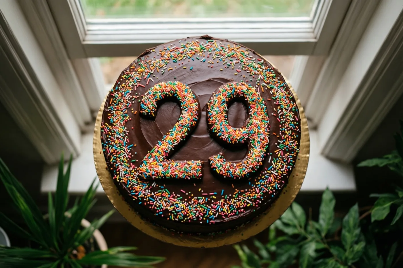Een ronde chocoladetaart met 29 van gekleurde suikerstrooisels staat op een vensterbank bij groene planten in helder licht, van bovenaf gezien.