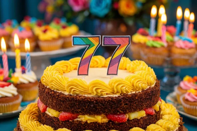 Een chocoladetaart met verdiepingen, geel glazuur en fruitvulling heeft een papieren regenboogkleurige 77, met brandende kaarsen en ander gebak eromheen.