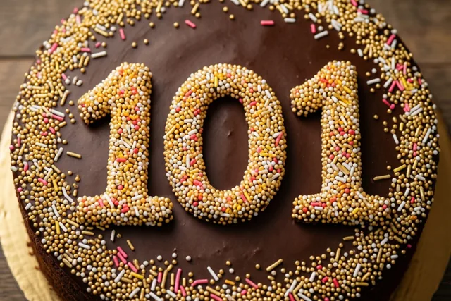 Van bovenaf zie je een ronde chocoladetaart op een houten ondergrond, met 101 gevormd door gouden, witte en roze suikerstrooisels.