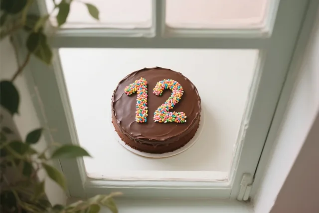Een ronde chocoladetaart met chocoladeglazuur en het getal 12 van gekleurde suikerstrooisels staat op een witte vensterbank, met groene bladeren vooraan in zacht daglicht.