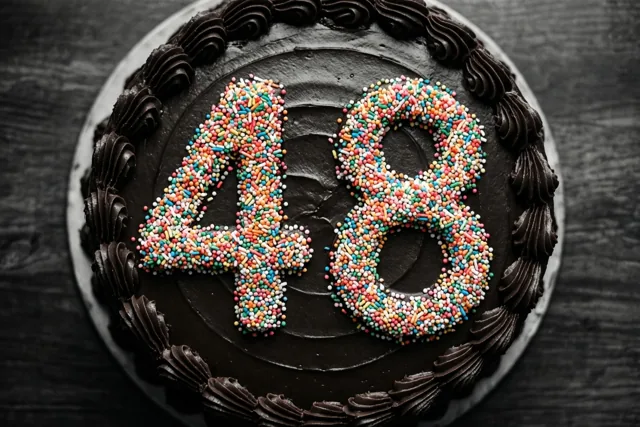Van bovenaf is een ronde chocoladetaart te zien met 48 van gekleurde suikerstrooisels en een decoratieve chocoladerand op een donkere houten ondergrond.