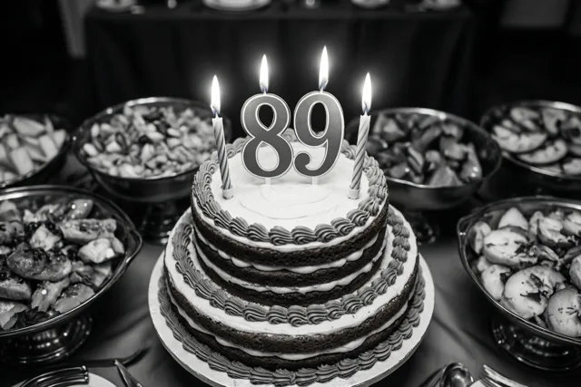 Op een zwart-witfoto staat een chocoladetaart met meerdere verdiepingen, wit glazuur, een papieren versiering met 89 en vier brandende kaarsjes tussen schalen eten op een buffettafel.