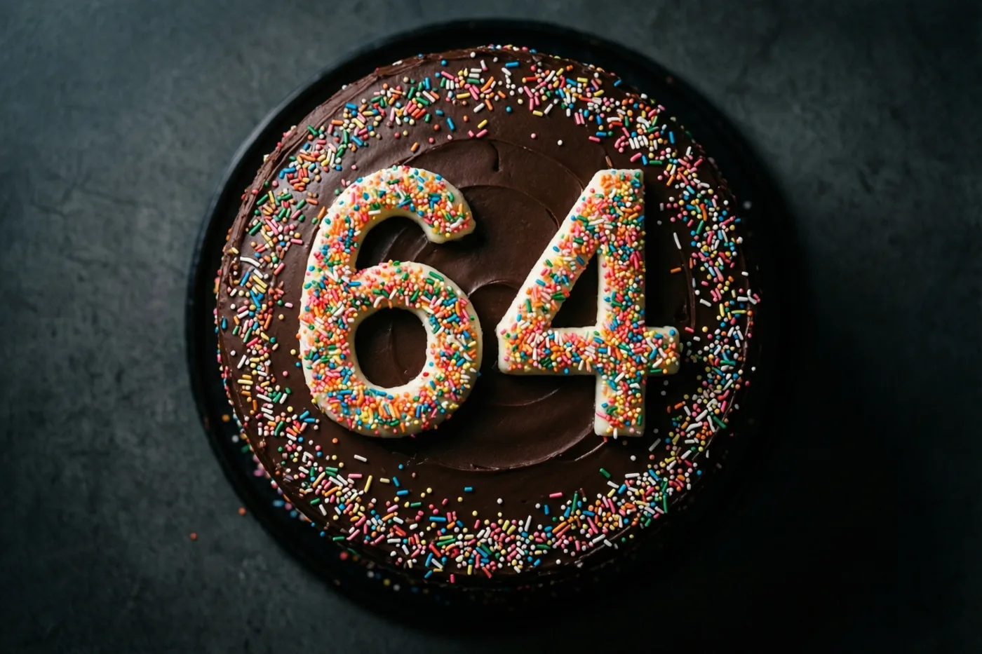Een ronde chocoladetaart met chocoladeglazuur, gekleurde suikerstrooisels en het getal 64 in wit glazuur en strooisels is van bovenaf gefotografeerd tegen een donkere achtergrond met structuur.