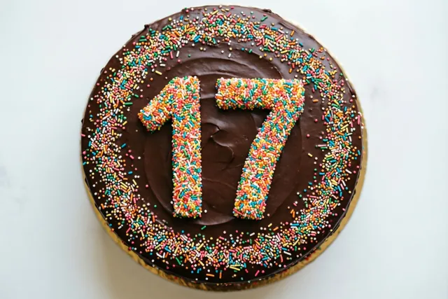 Van bovenaf is een ronde chocoladetaart te zien met het getal 17 van gekleurde suikerstrooisels op een effen witte ondergrond.