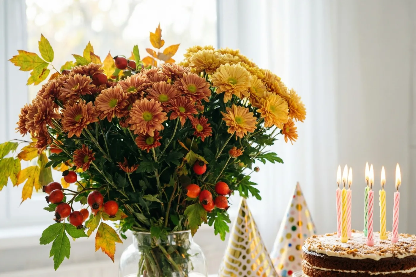 Een glazen vaas met oranje en gele chrysanten en rode rozenbottels staat naast een chocoladetaart met brandende kaarsjes en papieren feesthoedjes bij een raam.