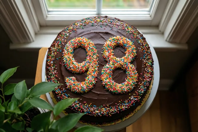 Een ronde chocoladetaart met glazuur en gekleurde suikerstrooisels die 98 vormen staat in daglicht op een vensterbank naast een potplant.