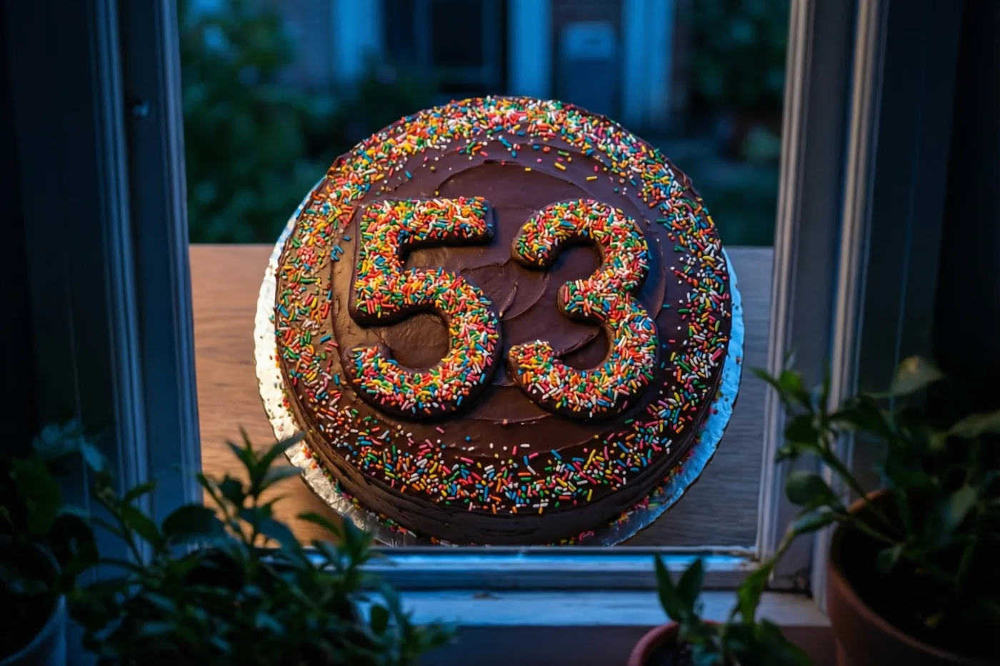 Een ronde chocoladetaart met 53 van gekleurde suikerstrooisels staat op een vensterbank naast potplanten, met warm licht binnen en een koele blauwe achtergrond buiten.