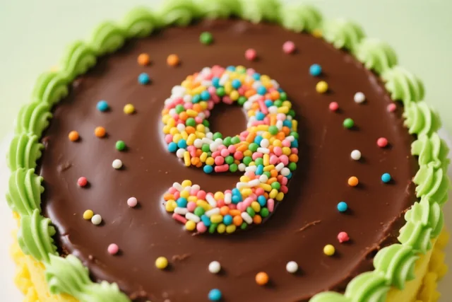 Van bovenaf is een ronde chocoladetaart te zien met een rand van groen opgespoten glazuur en in het midden een 9 van gekleurde suikerstrooisels.