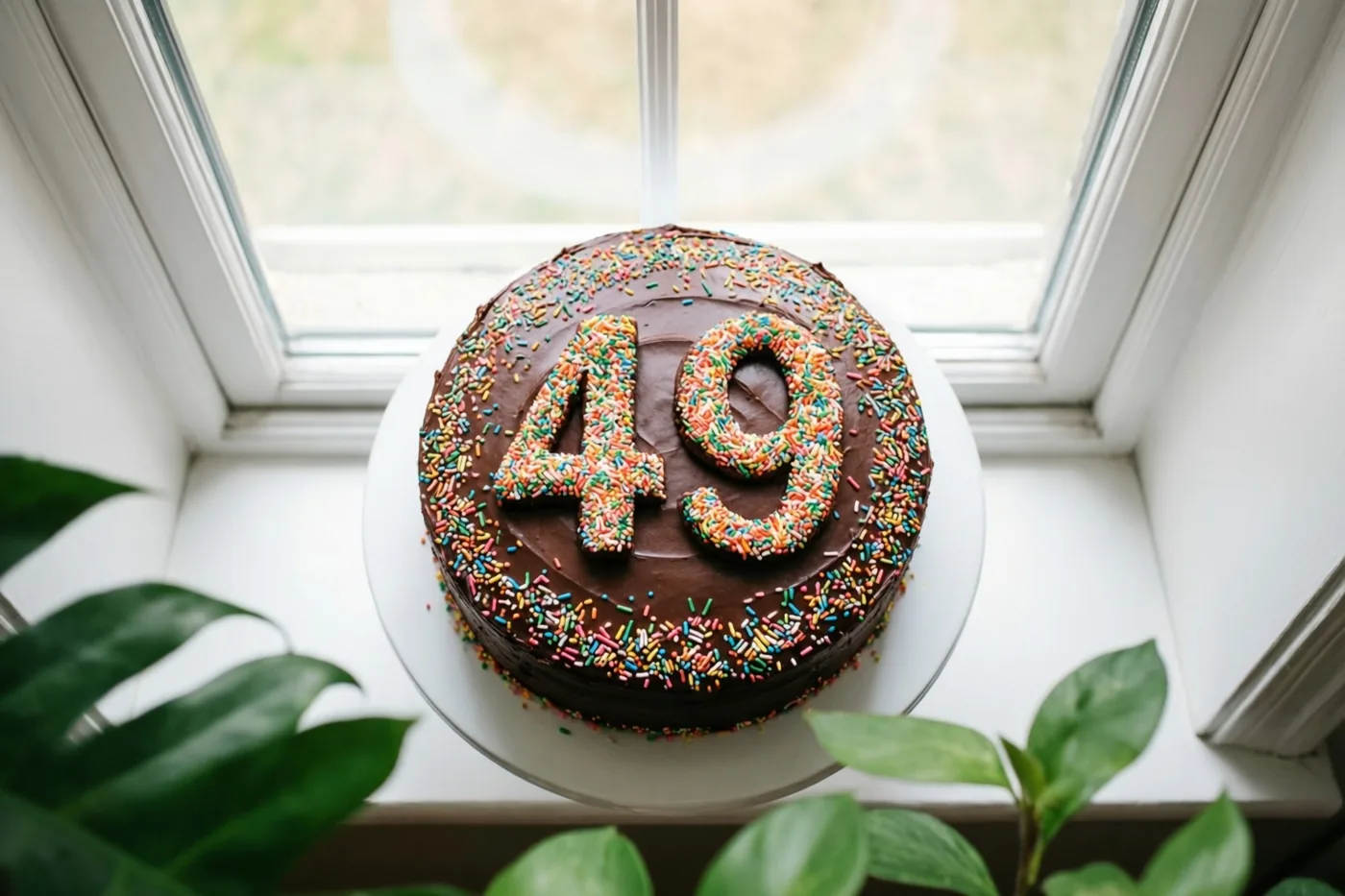 Een ronde chocoladetaart met 49 van gekleurde suikerstrooisels staat op een wit bord op een vensterbank, met groene planten op de voorgrond.