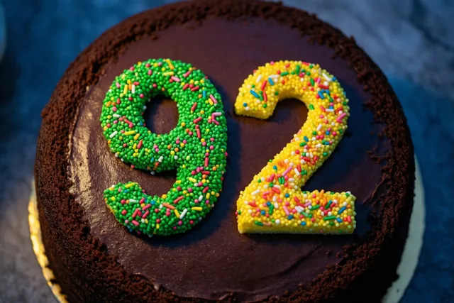 Van bovenaf is een ronde chocoladetaart met 92 in gekleurde suikerstrooisels te zien tegen een donkerblauwe achtergrond.